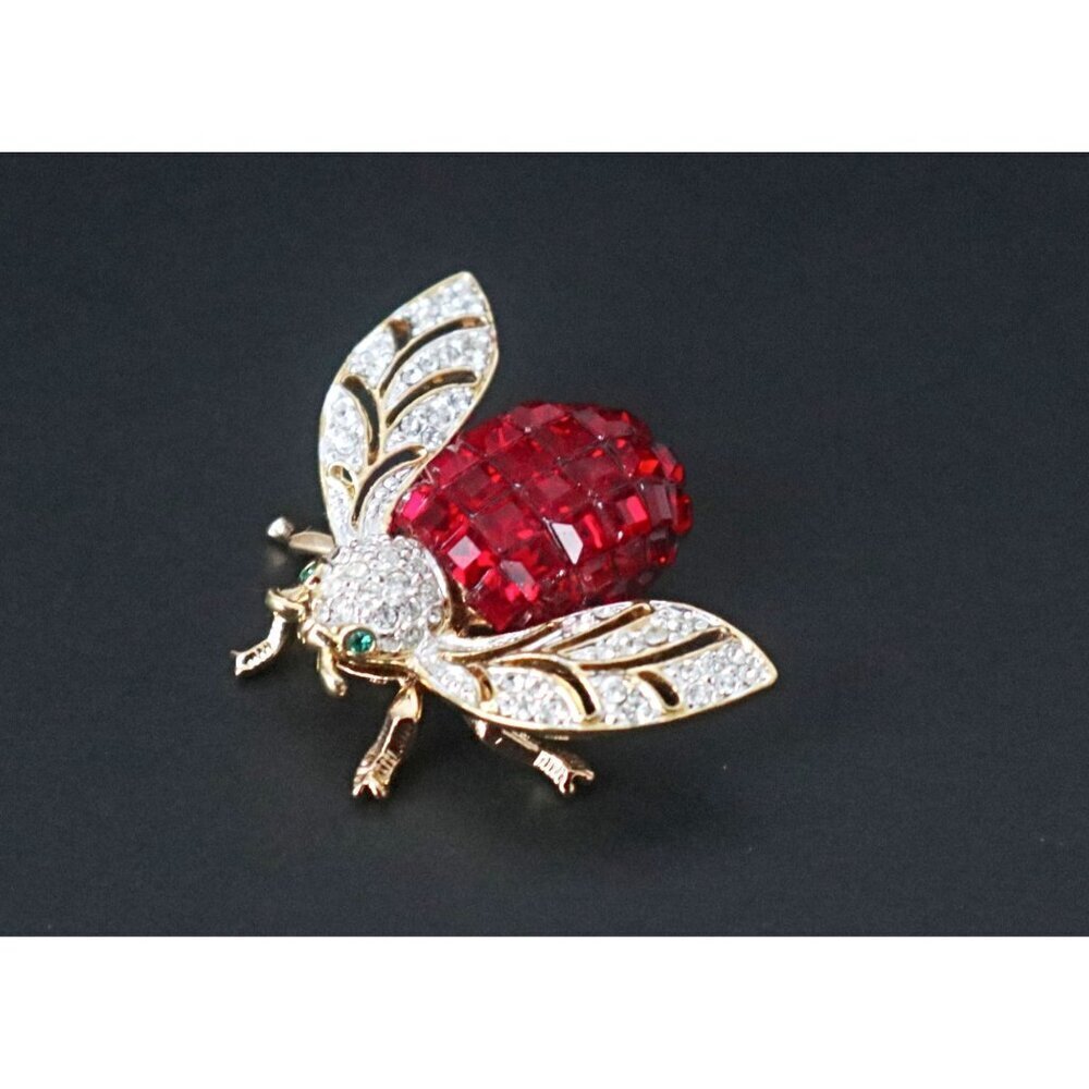 Vintage Brooch Pin Crystal Ruby Red Garnet Rhinestone Bumble Bee Insect